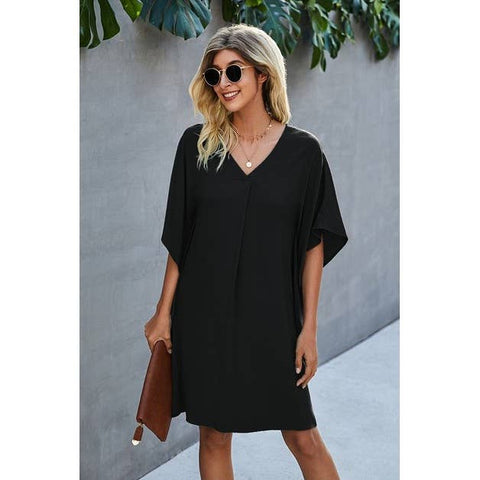 V Neck Solid Short Sleeve Dress - BLACK