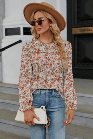 Floral Ruffle Neck Fall Blouse