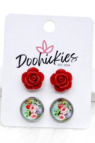 Red Roses & Roses on Mint Earrings