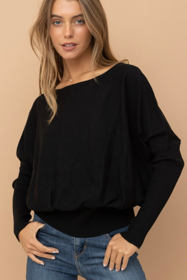 Fitted Waist Boat Neck Sweater (Black) | Village Trends Boutique
