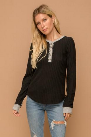 Henley Top With Animal Trim (Black)