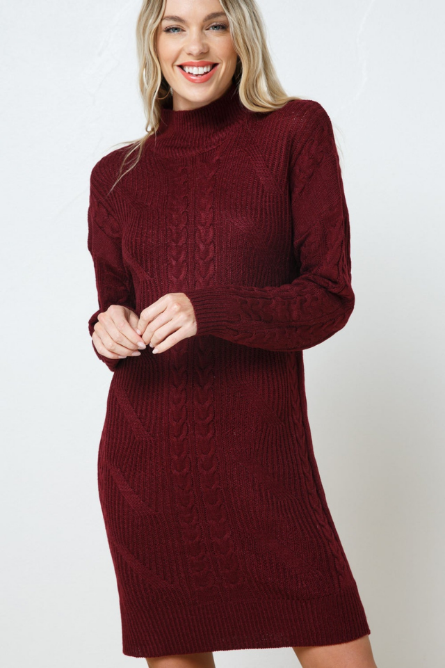 Mock Neck Cable Knit Sweater Dress