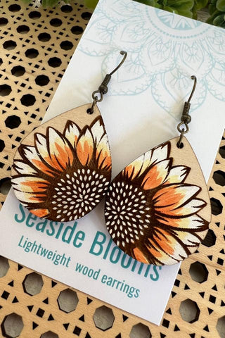 Sunflower Water Color Hand Painted Wood Earrings