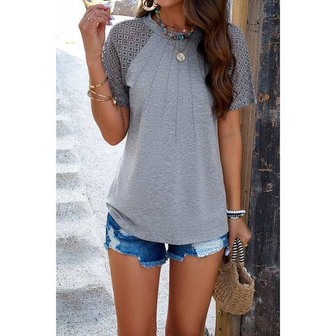 Ruched Solid Hollow Out Sleeves Round Neck Fit Top: GRAY