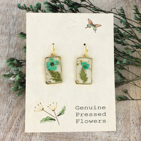 Cottage Turquoise Dried Flower Rectangle Earrings