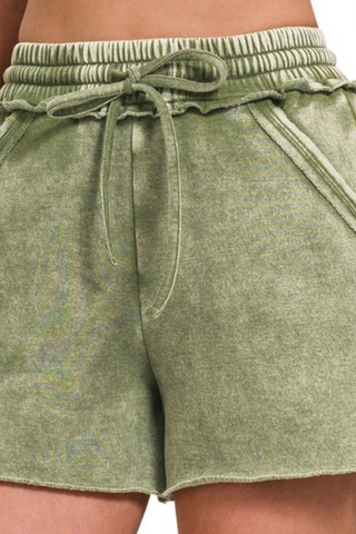 Acid Wash Drawstring Shorts (Olive)