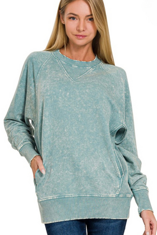Acid Wash Pullover with Pockets (Blue)