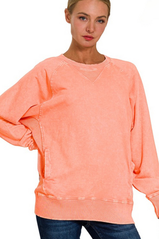 Acid Wash Pullover with Pockets (Orange)