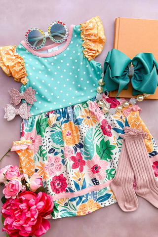 Aqua Dots & Floral Pocket Dress