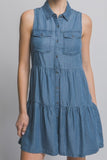 Button-Up Tiered Mini Dress (Blue)