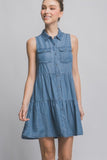 Button-Up Tiered Mini Dress (Blue)