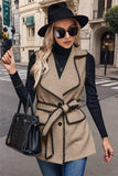 Color Block Button Pockets Belt Fit Vest (Khaki)
