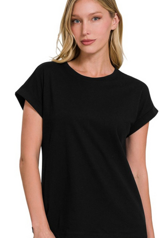Cotton Cuffed Sleeve Tee (Black)