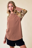 Floral Sleeve Raglan Hoodie Top (Mocha)