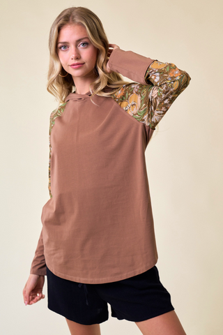 Floral Sleeve Raglan Hoodie Top (Mocha)