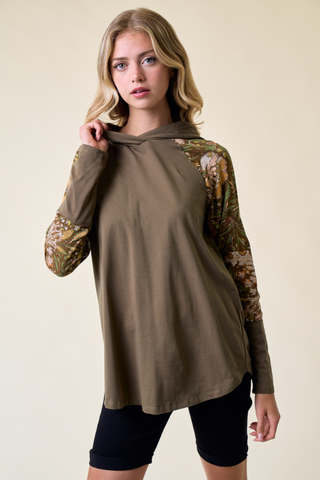 Floral Sleeve Raglan Hoodie Top (Olive)
