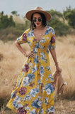 Floral Print Short Sleeve Dress (Yellow)