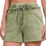 Acid Wash Drawstring Shorts (Olive)