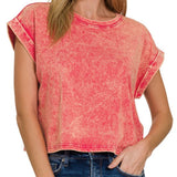 Washed Cuffed Short Sleeve Top (Orange)