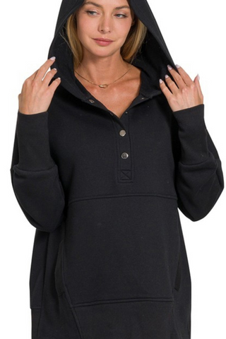 Half Button Fleece Hooded Pullover (Black)