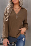 Half Zip Long Sleeve Loose Fit Knit Top (Khaki)