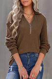 Half Zip Long Sleeve Loose Fit Knit Top (Khaki)