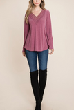 Lace Neckline Long Sleeve Top (Burgundy)