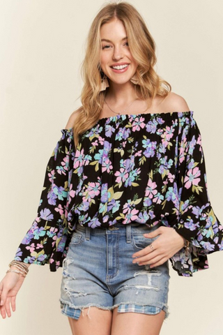 Off Shoulder Bell Sleeve Floral Top (Black)