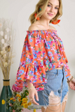 Off Shoulder Bell Sleeve Floral Top (Orange)