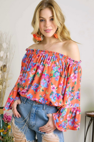 Off Shoulder Bell Sleeve Floral Top (Orange)