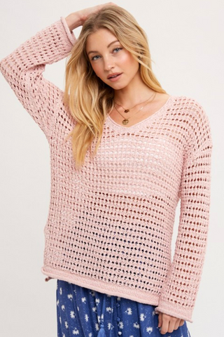 Open Knit V-Neck Pullover (Dusty Pink)