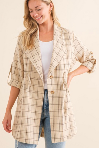 Plaid Folded Sleeve Anorak Jacket (Beige)