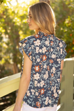 Pleated Sleeve V-Neck Floral Top