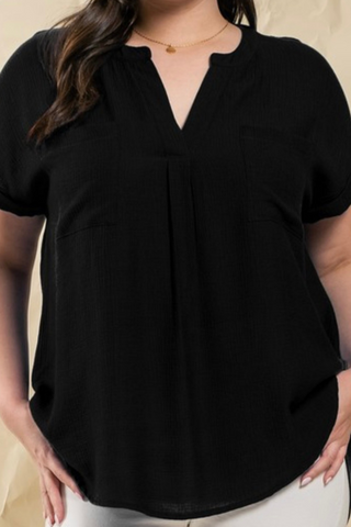 Plus Size, Cuffed Sleeve Woven Top (Black)