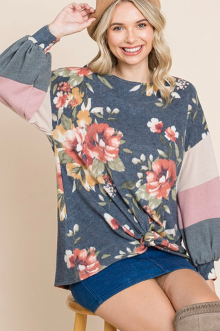 Plus Size, Floral Balloon Sleeve Top