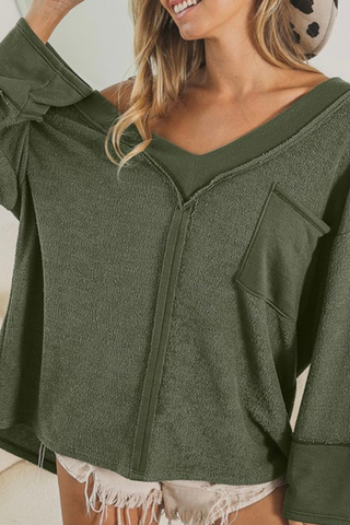 Reversed Terry V-Neck Top (Green)