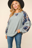 Plus Size, Round Neck Plaid Color Block Top (Grey)