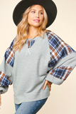 Plus Size, Round Neck Plaid Color Block Top (Grey)