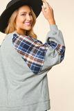 Plus Size, Round Neck Plaid Color Block Top (Grey)
