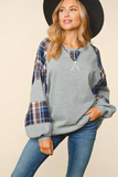 Plus Size, Round Neck Plaid Color Block Top (Grey)