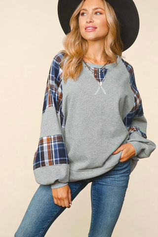 Plus Size, Round Neck Plaid Color Block Top (Grey)