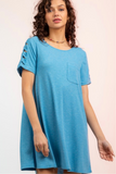 Ruched Cut Out Sleeve Pock Tee Dress (Blue)