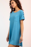 Ruched Cut Out Sleeve Pock Tee Dress (Blue)