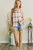 Sleeveless Plaid Button Down (Rust)