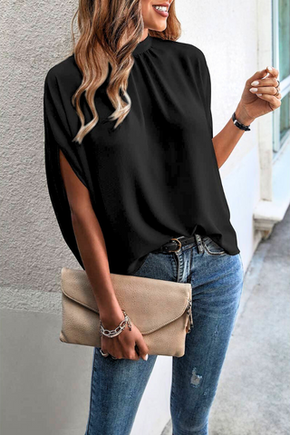 Solid Cape Short Sleeve Loose Top (Black)