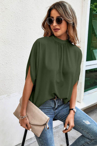 Solid Cape Short Sleeve Loose Top (Olive)