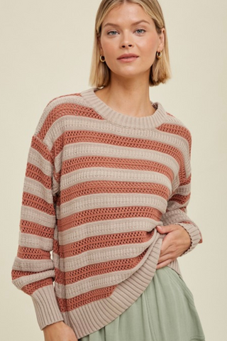 Striped Top with Crochet Detail (Taupe/Cinnamon)