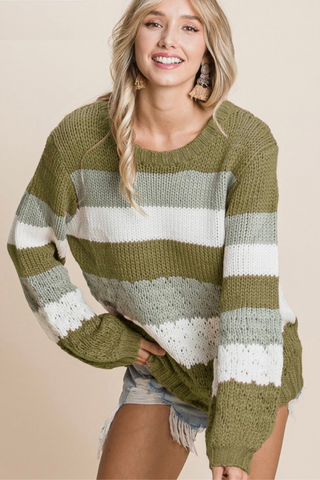 Textured Knitted Color Block Sweater (Green)