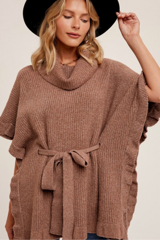 Turtle Neck Ruffled Sweater Poncho
