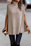 Turtleneck Knit Solid Poncho (Beige)